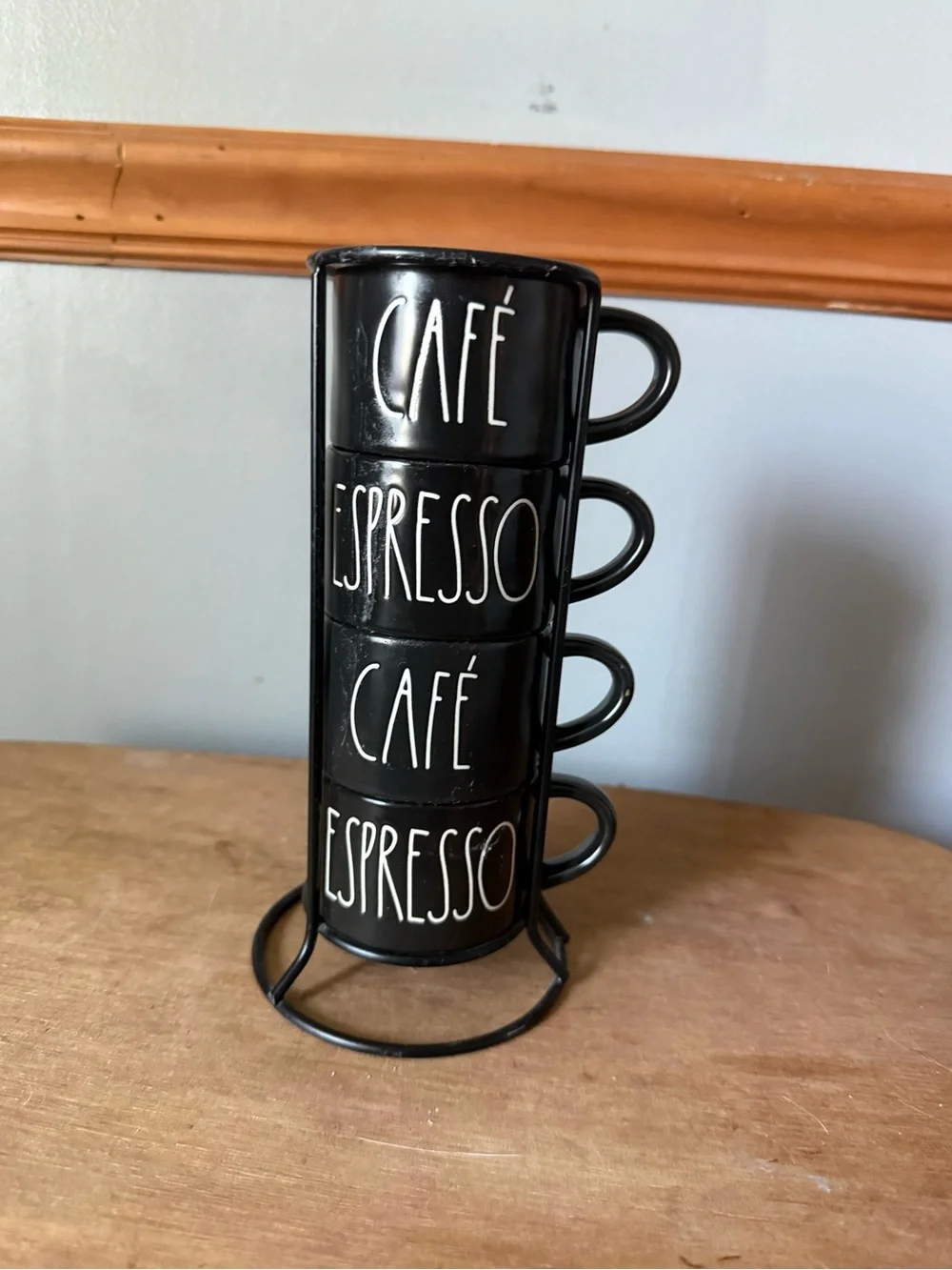 Rae Dunn Stacked Espresso Café Mugs Set - Black with White Script